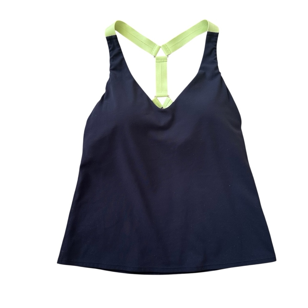 Athleta Navy Swim/Active Top with Lime Green Racerback Straps Built-In Bra